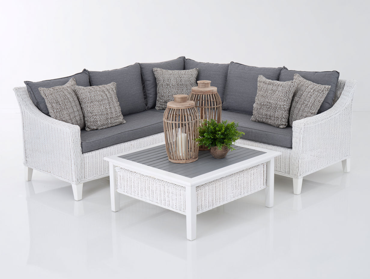 Divani da esterno - rattan-legno-tessuto - 250x250x77 cm - bianco-grigio - stile moderno