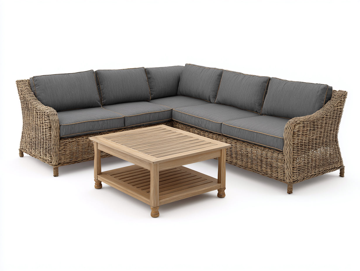 Divani da esterno - rattan-legno-tessuto - 260x260x78 cm - naturale-grigio - stile moderno
