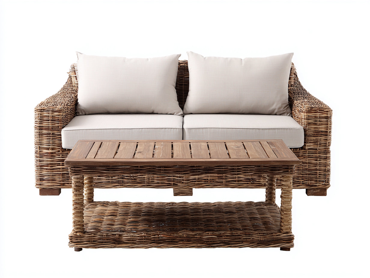 Divani da esterno - rattan-legno-tessuto - 185x82x76 cm - naturale-beige - stile rustico moderno