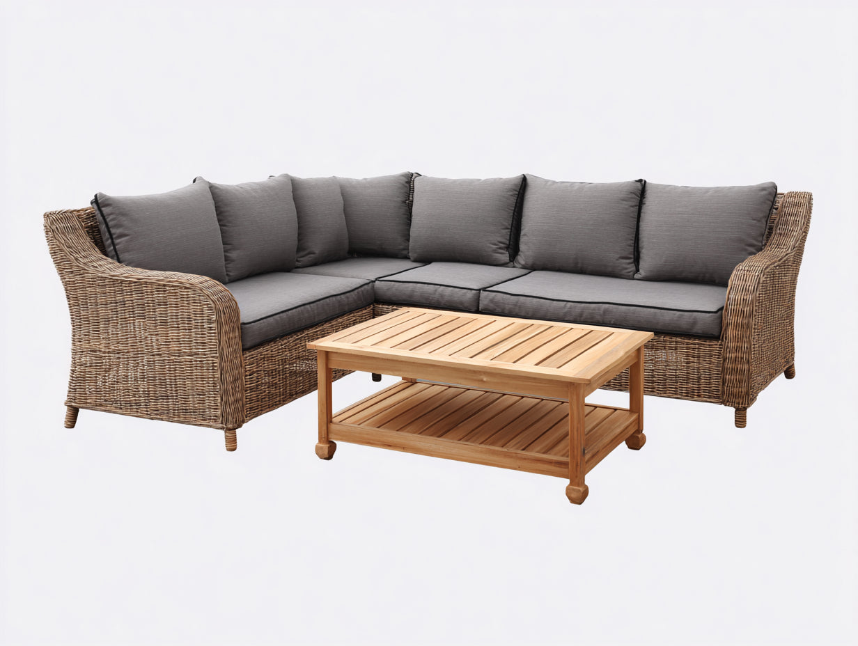 Divani da esterno - rattan-legno-tessuto - 275x225x78 cm - naturale-grigio - stile moderno
