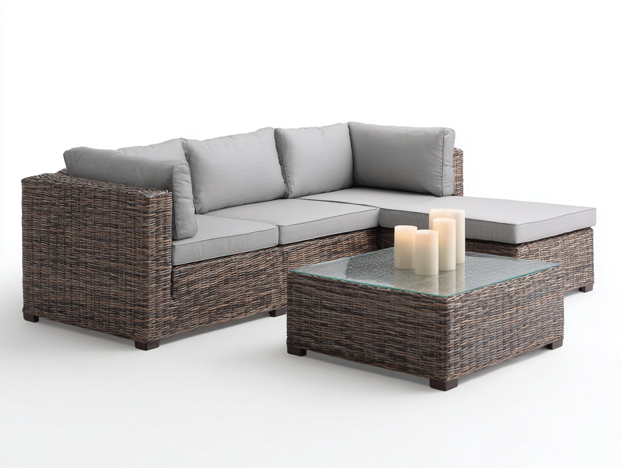 Divani da esterno - rattan-vetro-tessuto - 245x175x76 cm - marrone-grigio chiaro - stile moderno