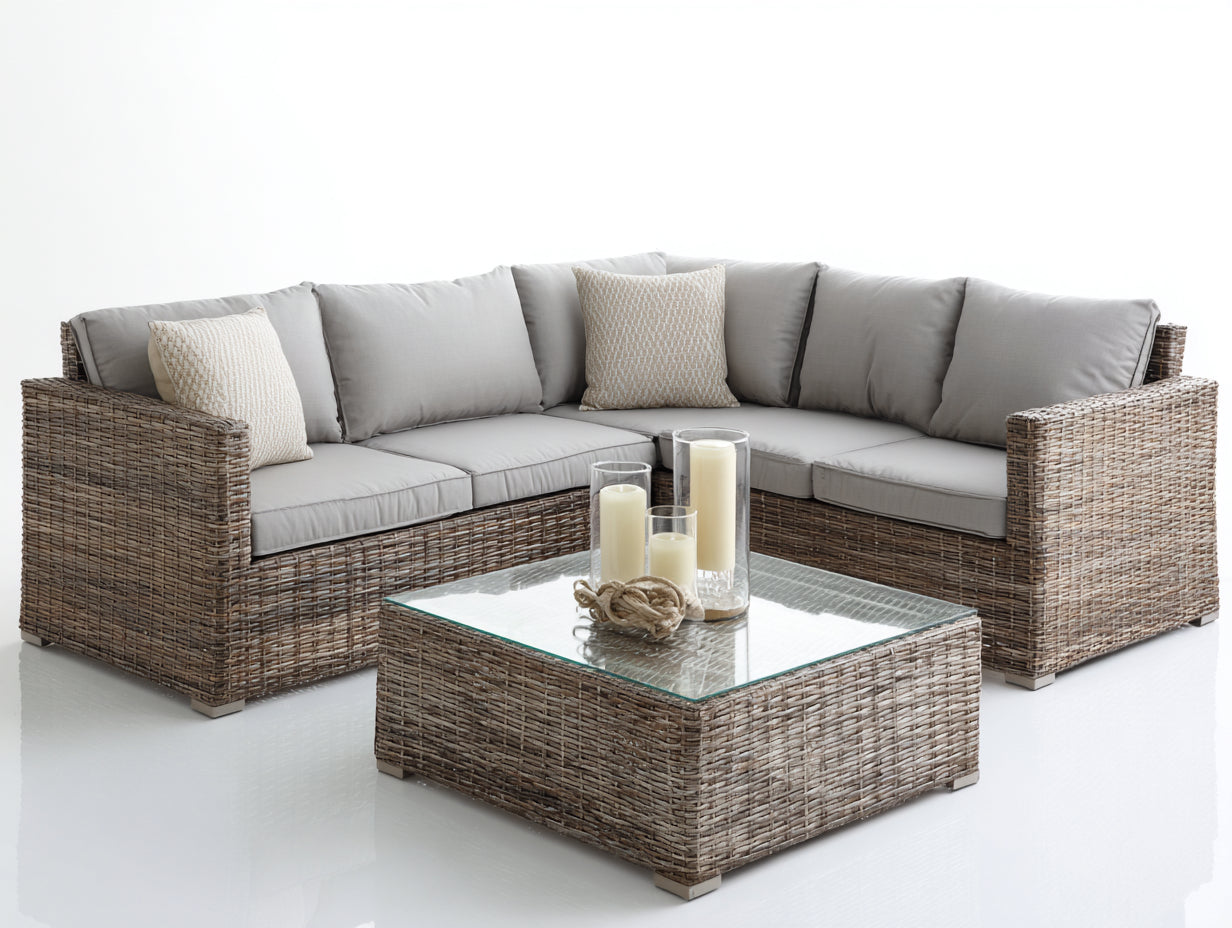 Divani da esterno - rattan-vetro-tessuto - 260x260x77 cm - naturale-grigio chiaro - stile contemporaneo