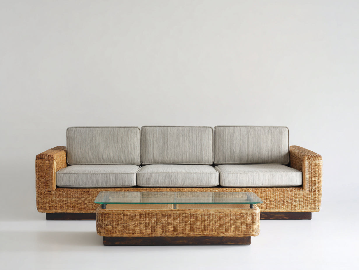 Divani da esterno - rattan-vetro-tessuto-legno - 220x82x78 cm - naturale-beige - stile moderno